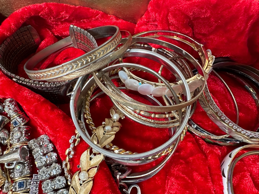 Just Added - Assortment Of Costume Jewelry Bracelets - Includes Gold Painted Wooden Display Case 25W X 14D X 4H [Photo 10]