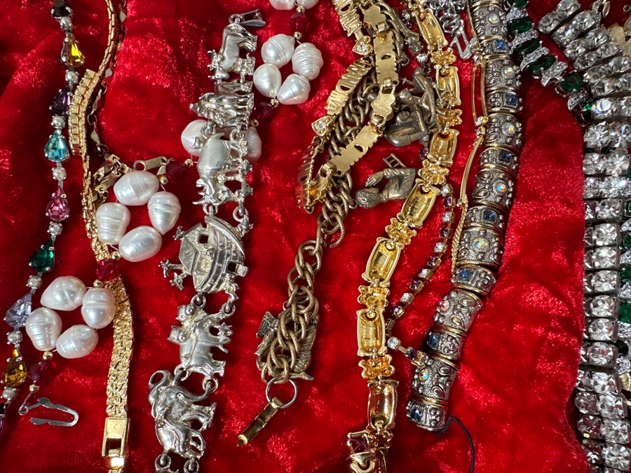 Just Added - Assortment Of Costume Jewelry Bracelets - Includes Gold Painted Wooden Display Case 25W X 14D X 4H [Photo 7]