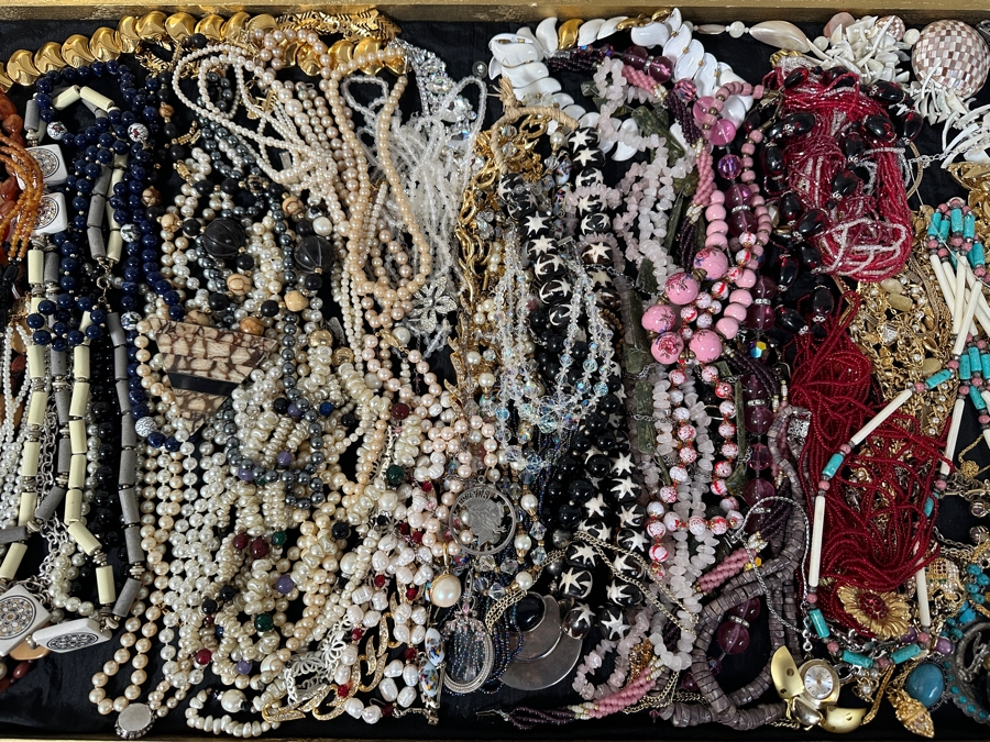 Just Added - Large Assortment Of Costume Jewelry Necklaces Pendants - Includes Large Gold Painted Wooden Portable Display Case With Plexiglass Top 44W X 21D X 5H [Photo 4]