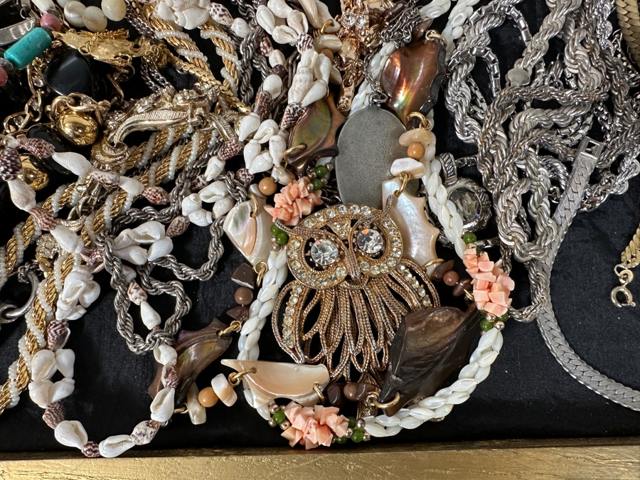 Just Added - Large Assortment Of Costume Jewelry Necklaces Pendants - Includes Large Gold Painted Wooden Portable Display Case With Plexiglass Top 44W X 21D X 5H [Photo 8]