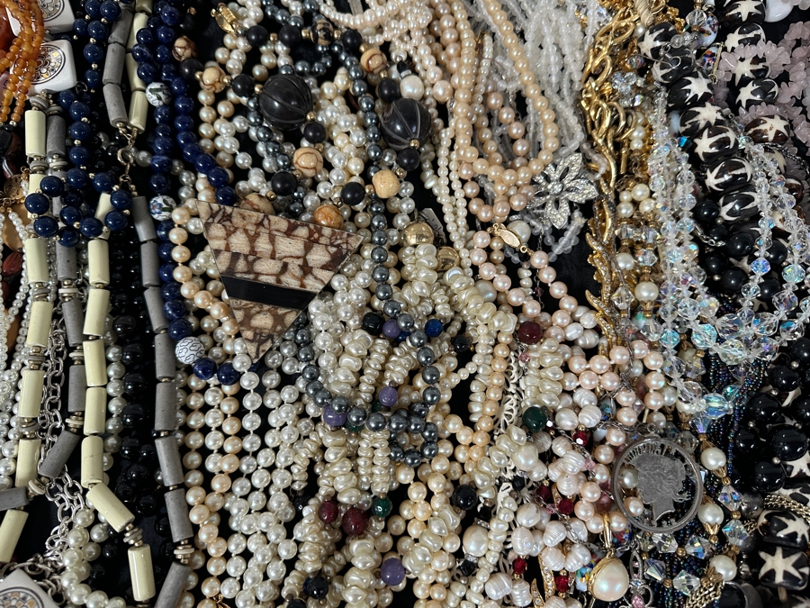 Just Added - Large Assortment Of Costume Jewelry Necklaces Pendants - Includes Large Gold Painted Wooden Portable Display Case With Plexiglass Top 44W X 21D X 5H [Photo 3]