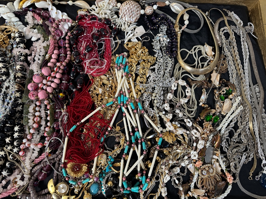 Just Added - Large Assortment Of Costume Jewelry Necklaces Pendants - Includes Large Gold Painted Wooden Portable Display Case With Plexiglass Top 44W X 21D X 5H [Photo 7]