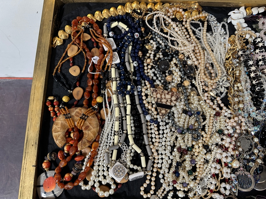 Just Added - Large Assortment Of Costume Jewelry Necklaces Pendants - Includes Large Gold Painted Wooden Portable Display Case With Plexiglass Top 44W X 21D X 5H [Photo 2]