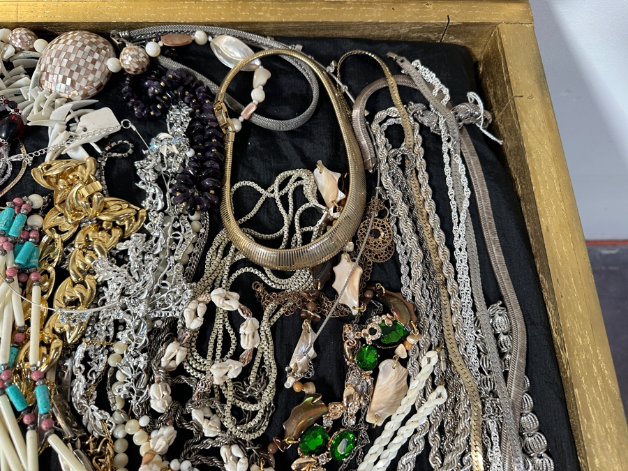 Just Added - Large Assortment Of Costume Jewelry Necklaces Pendants - Includes Large Gold Painted Wooden Portable Display Case With Plexiglass Top 44W X 21D X 5H [Photo 10]