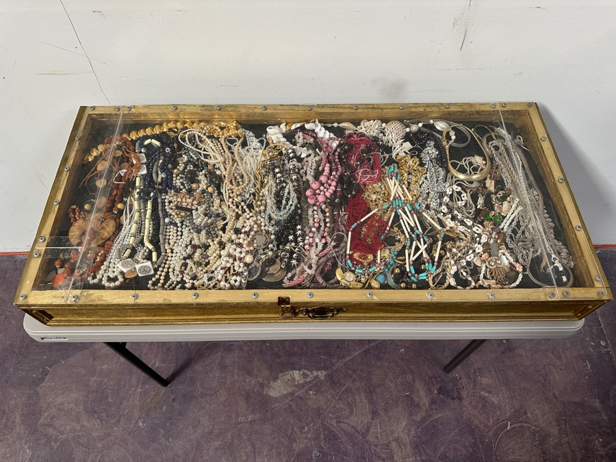 Just Added - Large Assortment Of Costume Jewelry Necklaces Pendants - Includes Large Gold Painted Wooden Portable Display Case With Plexiglass Top 44W X 21D X 5H [Photo 13]