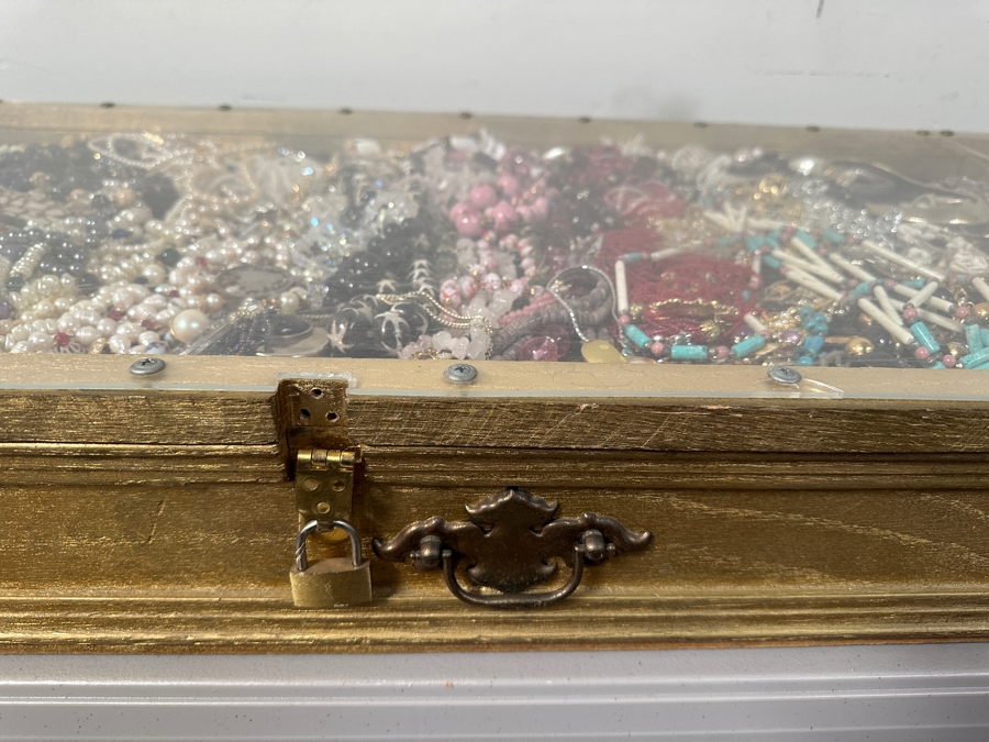 Just Added - Large Assortment Of Costume Jewelry Necklaces Pendants - Includes Large Gold Painted Wooden Portable Display Case With Plexiglass Top 44W X 21D X 5H [Photo 14]