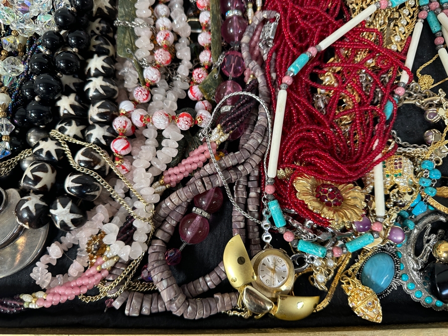 Just Added - Large Assortment Of Costume Jewelry Necklaces Pendants - Includes Large Gold Painted Wooden Portable Display Case With Plexiglass Top 44W X 21D X 5H [Photo 5]