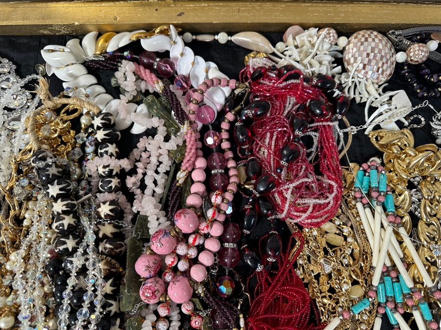 Just Added - Large Assortment Of Costume Jewelry Necklaces Pendants - Includes Large Gold Painted Wooden Portable Display Case With Plexiglass Top 44W X 21D X 5H [Photo 6]