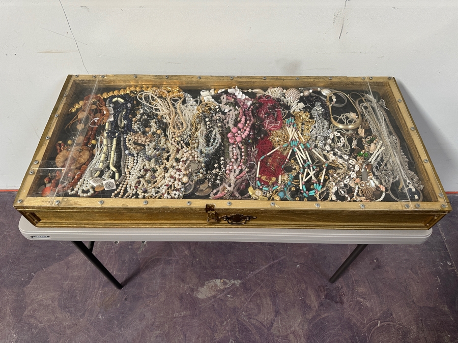 Just Added - Large Assortment Of Costume Jewelry Necklaces Pendants - Includes Large Gold Painted Wooden Portable Display Case With Plexiglass Top 44W X 21D X 5H [Photo 12]