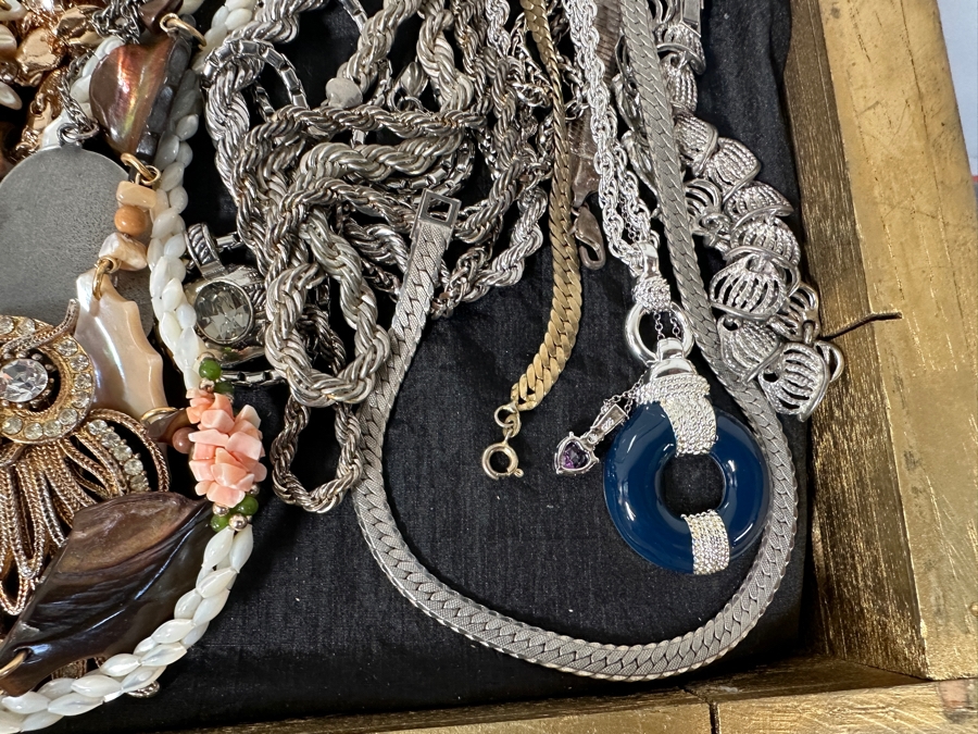 Just Added - Large Assortment Of Costume Jewelry Necklaces Pendants - Includes Large Gold Painted Wooden Portable Display Case With Plexiglass Top 44W X 21D X 5H [Photo 9]