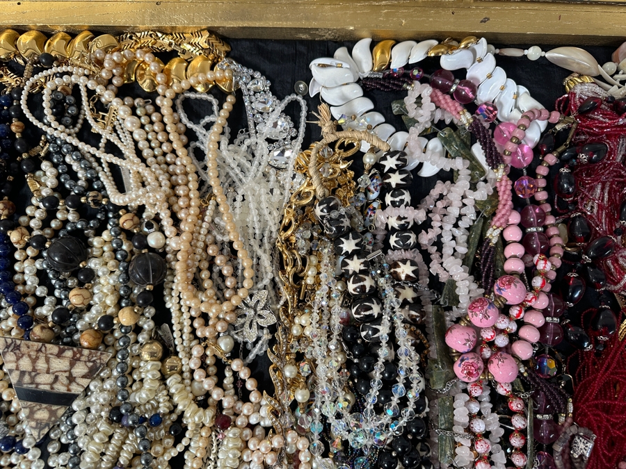 Just Added - Large Assortment Of Costume Jewelry Necklaces Pendants - Includes Large Gold Painted Wooden Portable Display Case With Plexiglass Top 44W X 21D X 5H [Photo 11]