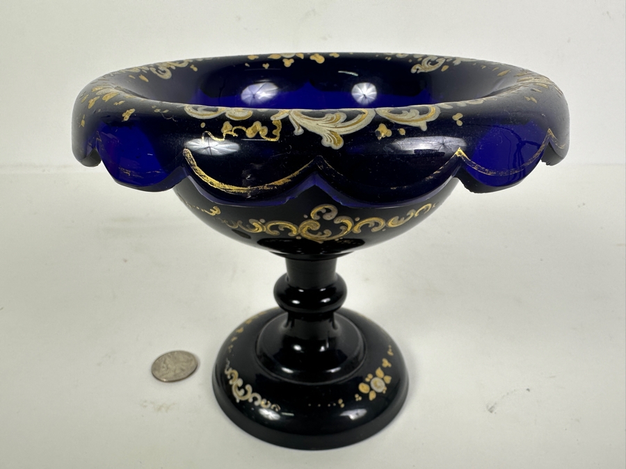 Just Added - Antique Bohemian Cobalt Blue Hand Painted Enameled Glass Footed Tazza Bowl 7W X 5.5H [Photo 2]