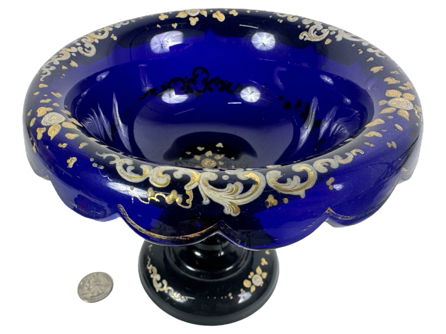 Just Added - Antique Bohemian Cobalt Blue Hand Painted Enameled Glass Footed Tazza Bowl 7W X 5.5H [Photo 1]