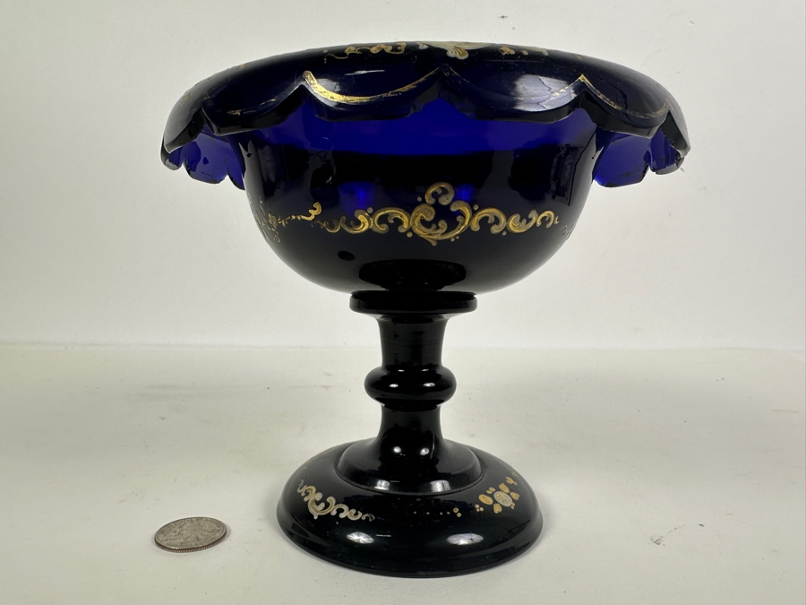 Just Added - Antique Bohemian Cobalt Blue Hand Painted Enameled Glass Footed Tazza Bowl 7W X 5.5H [Photo 7]