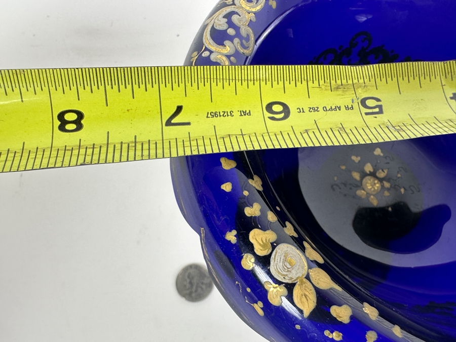 Just Added - Antique Bohemian Cobalt Blue Hand Painted Enameled Glass Footed Tazza Bowl 7W X 5.5H [Photo 8]