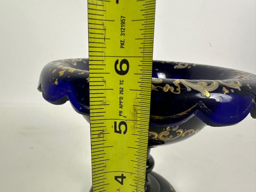 Just Added - Antique Bohemian Cobalt Blue Hand Painted Enameled Glass Footed Tazza Bowl 7W X 5.5H [Photo 9]
