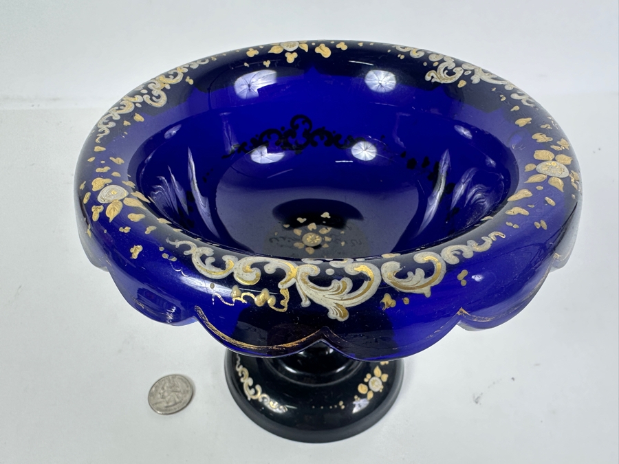 Just Added - Antique Bohemian Cobalt Blue Hand Painted Enameled Glass Footed Tazza Bowl 7W X 5.5H [Photo 5]
