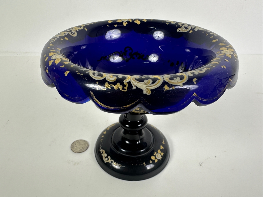 Just Added - Antique Bohemian Cobalt Blue Hand Painted Enameled Glass Footed Tazza Bowl 7W X 5.5H [Photo 3]