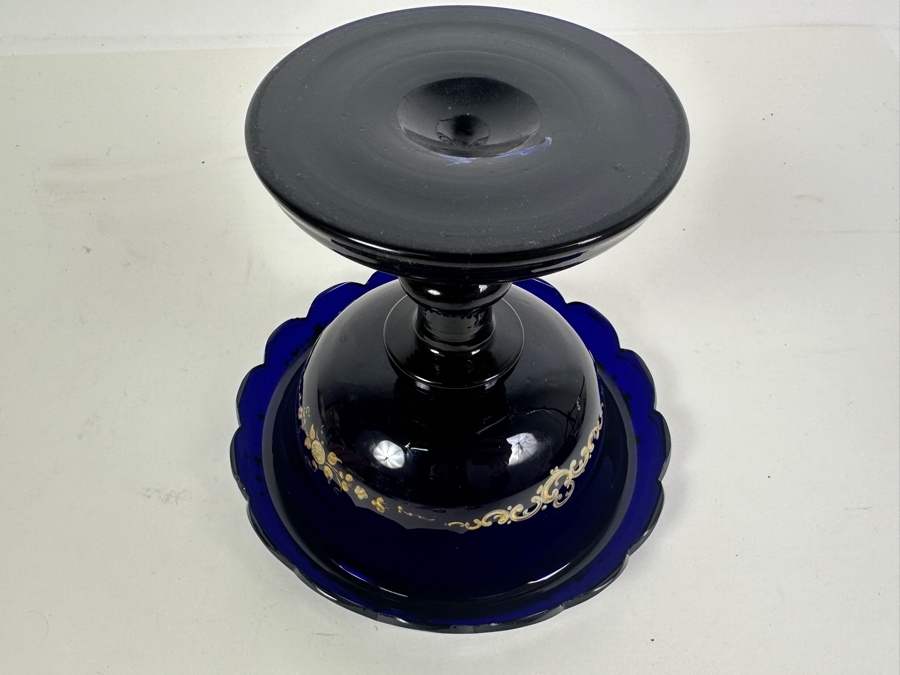 Just Added - Antique Bohemian Cobalt Blue Hand Painted Enameled Glass Footed Tazza Bowl 7W X 5.5H [Photo 10]