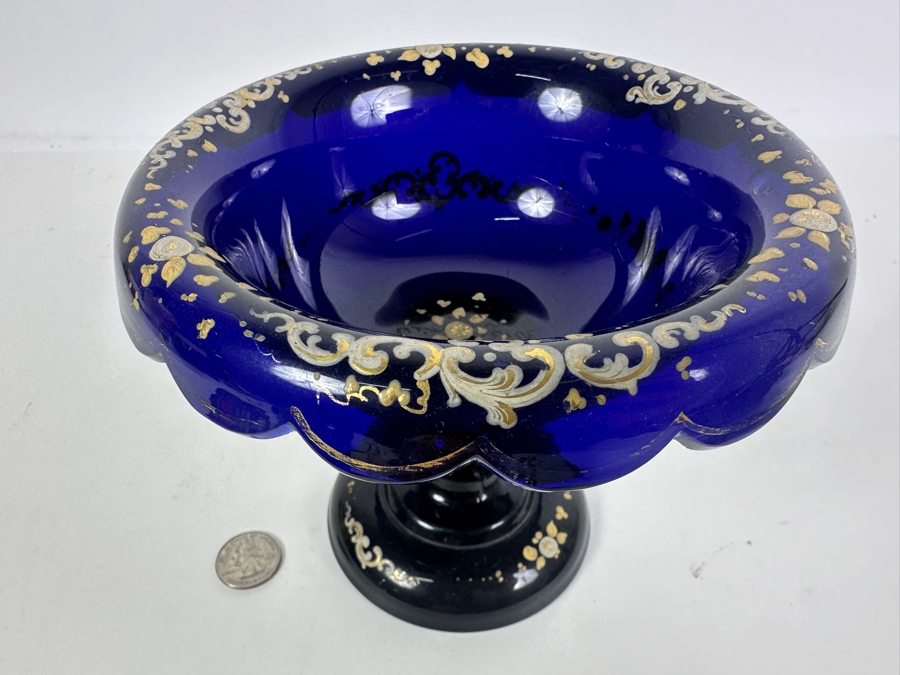 Just Added - Antique Bohemian Cobalt Blue Hand Painted Enameled Glass Footed Tazza Bowl 7W X 5.5H [Photo 6]