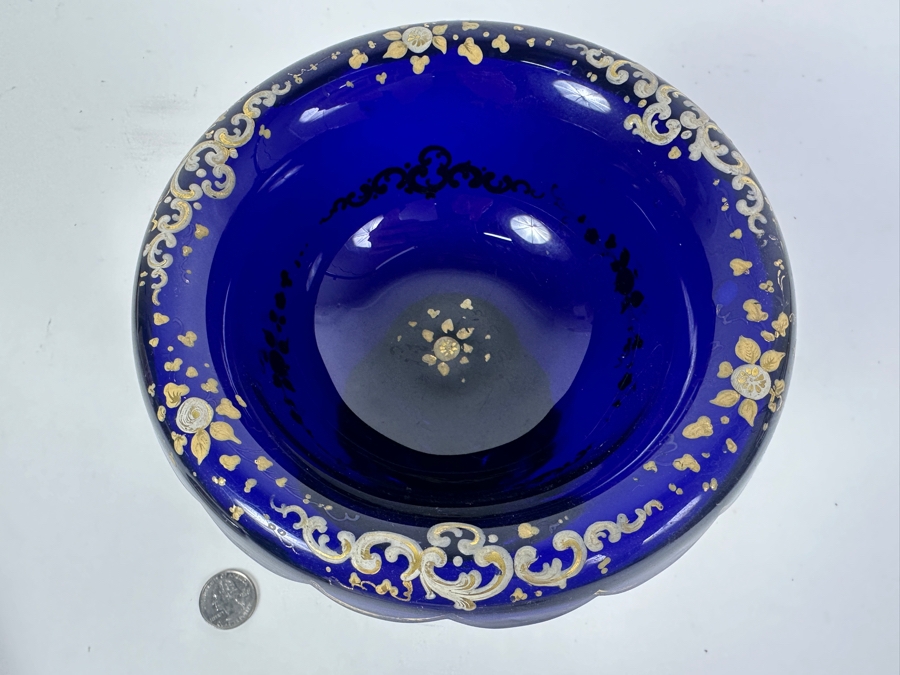 Just Added - Antique Bohemian Cobalt Blue Hand Painted Enameled Glass Footed Tazza Bowl 7W X 5.5H [Photo 4]