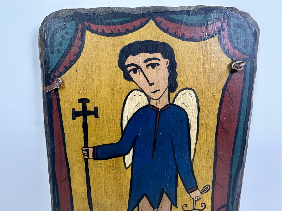 Just Added - Signed Naive Folk Art Retablo Archangel St. Michael San Miguel 7 X 10 [Photo 2]