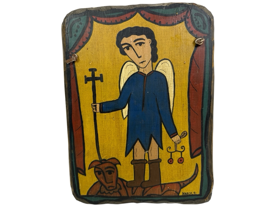 Just Added - Signed Naive Folk Art Retablo Archangel St. Michael San Miguel 7 X 10