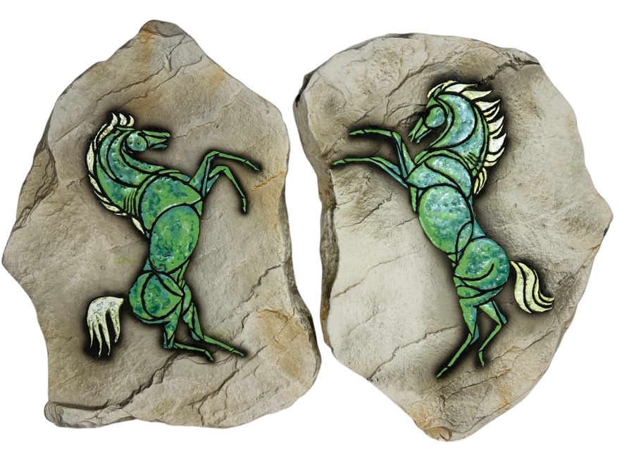 Pair Of Hagen Renaker California Pottery Green Horse Faux Rock Flagstone Wall Plaques 16.5H X 12W X 1D [Photo 1]