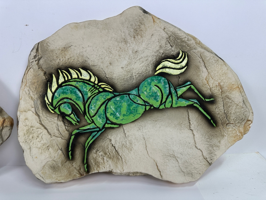 Pair Of Hagen Renaker California Pottery Green Horse Faux Rock Flagstone Wall Plaques 16.5H X 12W X 1D [Photo 3]