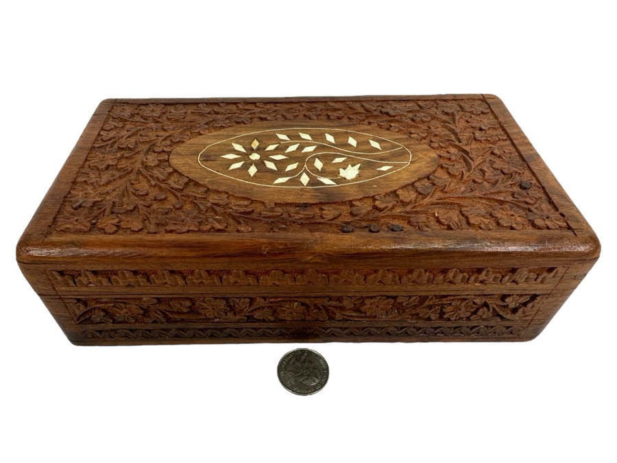 Relief Carved Wooden Box with Inlaid Bone from India