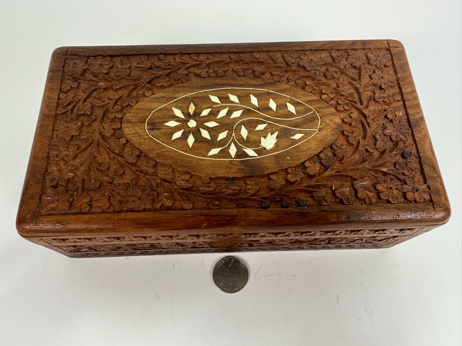Relief Carved Wooden Box with Inlaid Bone from India [Photo 2]