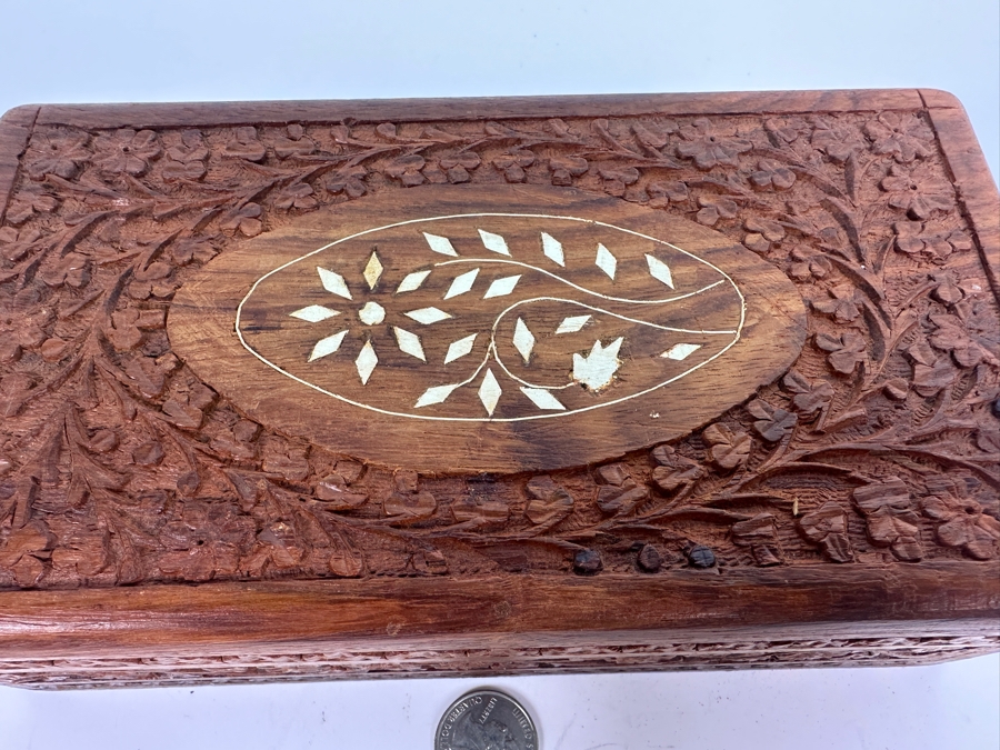 Relief Carved Wooden Box with Inlaid Bone from India [Photo 3]