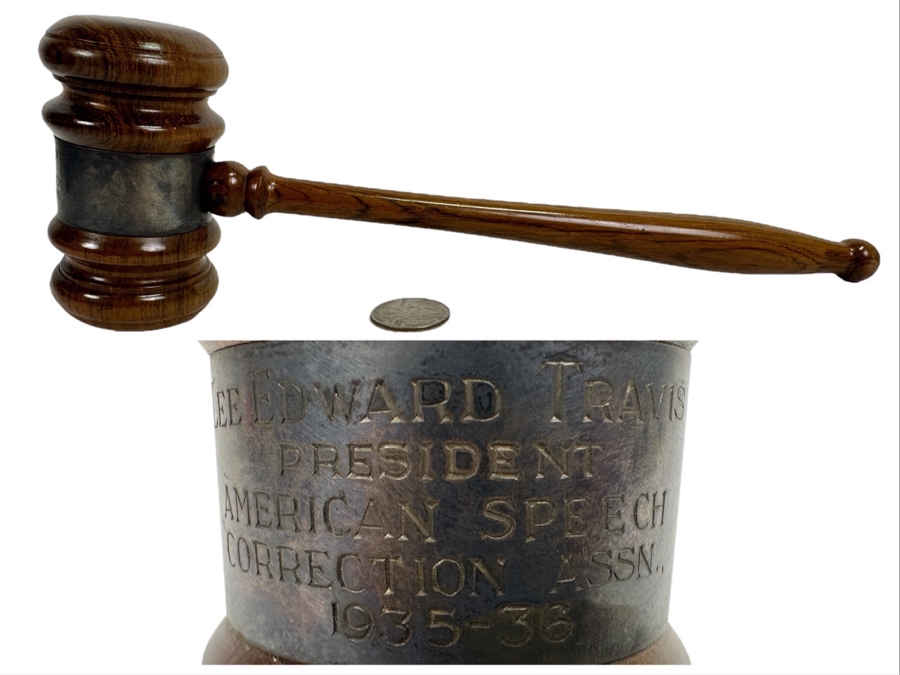 Wooden Presentation Gavel With Engraved Sterling Silver Band Reading: 'Lee Edward Travis President American Speech Correction Assn. 1935-36' [Photo 1]
