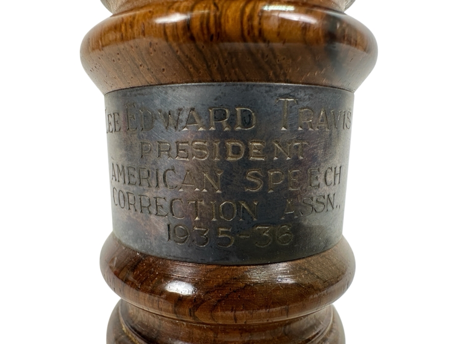 Wooden Presentation Gavel With Engraved Sterling Silver Band Reading: 'Lee Edward Travis President American Speech Correction Assn. 1935-36' [Photo 3]