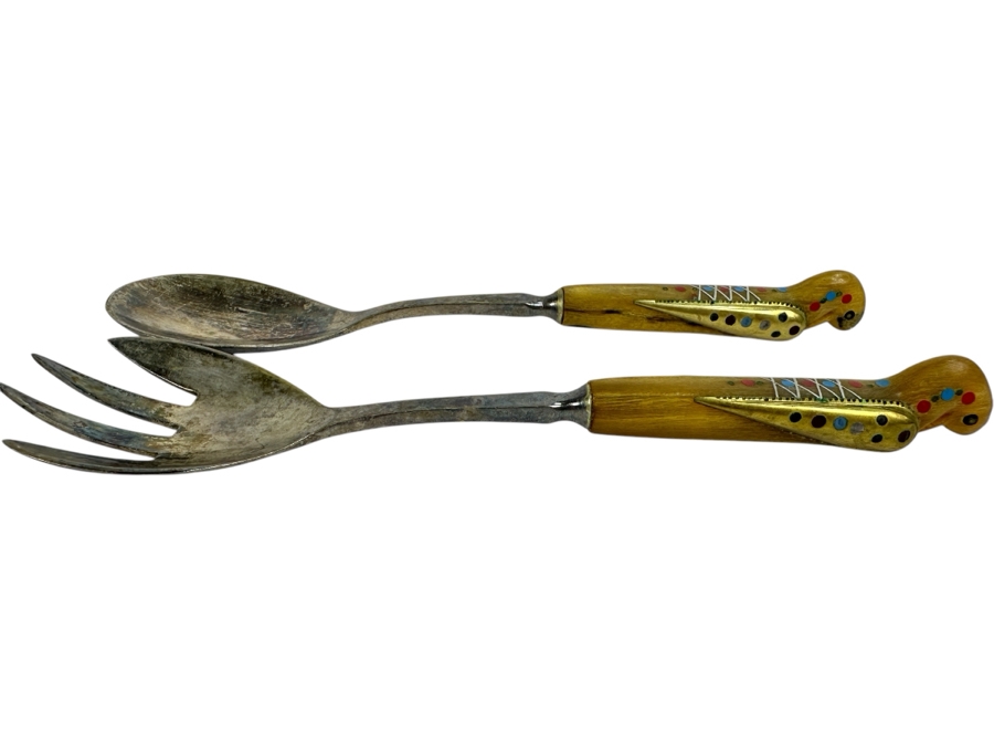 Carved Bird Inlay Silver Plate Salad Serving Set Lebanon