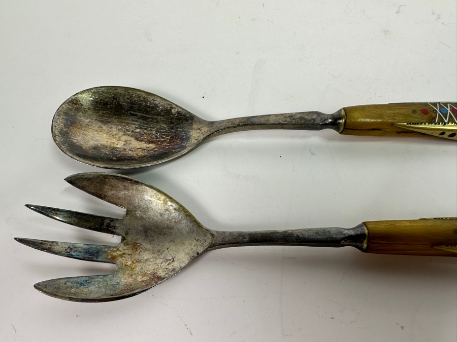 Carved Bird Inlay Silver Plate Salad Serving Set Lebanon [Photo 4]