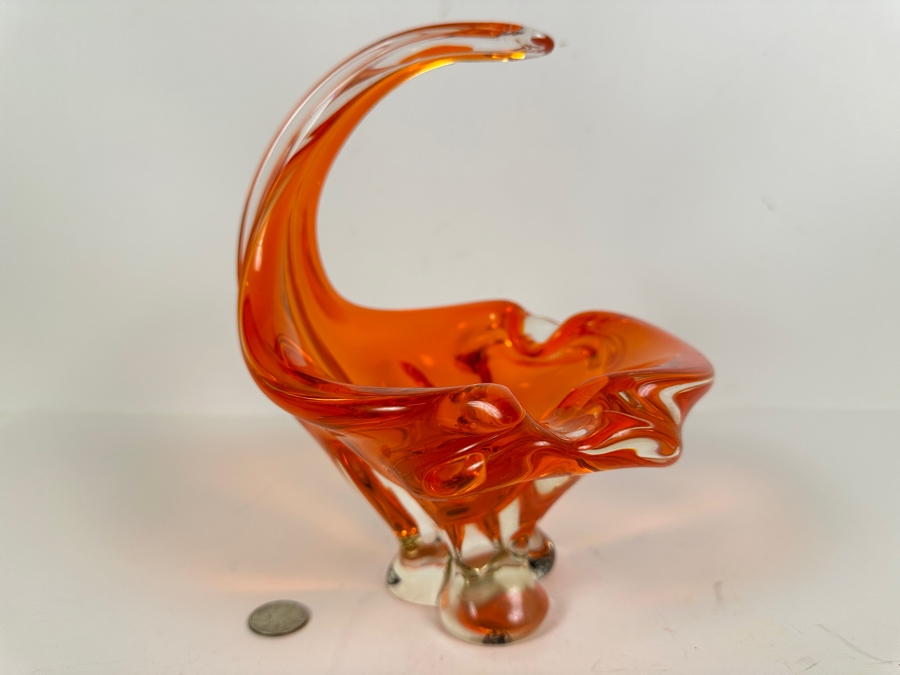 Vintage Chalet Canada Art Glass Cigar Ashtray In Orange 7W X 7D X 9.5H [Photo 2]