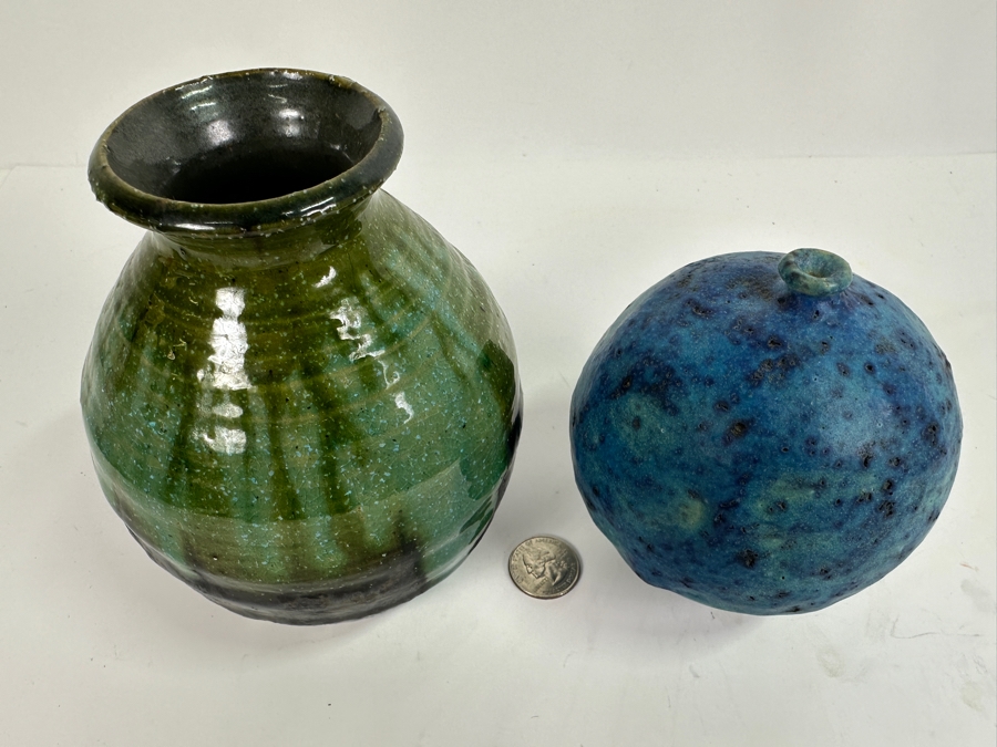 Doyle Lane (1925-2002, American) Blue Ceramic Weed Pot Signed Lane 4.5H (R) And Mid-Century Art Green Art Pottery Vase 6H [Photo 2]