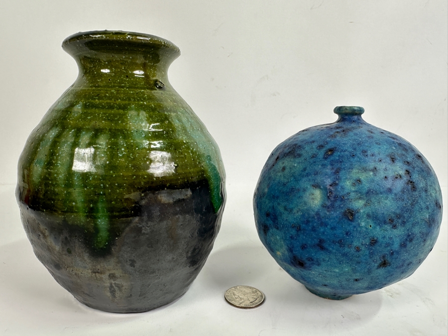 Doyle Lane (1925-2002, American) Blue Ceramic Weed Pot Signed Lane 4.5H (R) And Mid-Century Art Green Art Pottery Vase 6H [Photo 3]