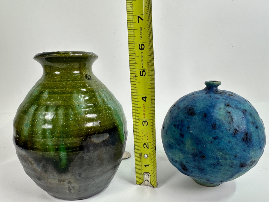 Doyle Lane (1925-2002, American) Blue Ceramic Weed Pot Signed Lane 4.5H (R) And Mid-Century Art Green Art Pottery Vase 6H [Photo 7]