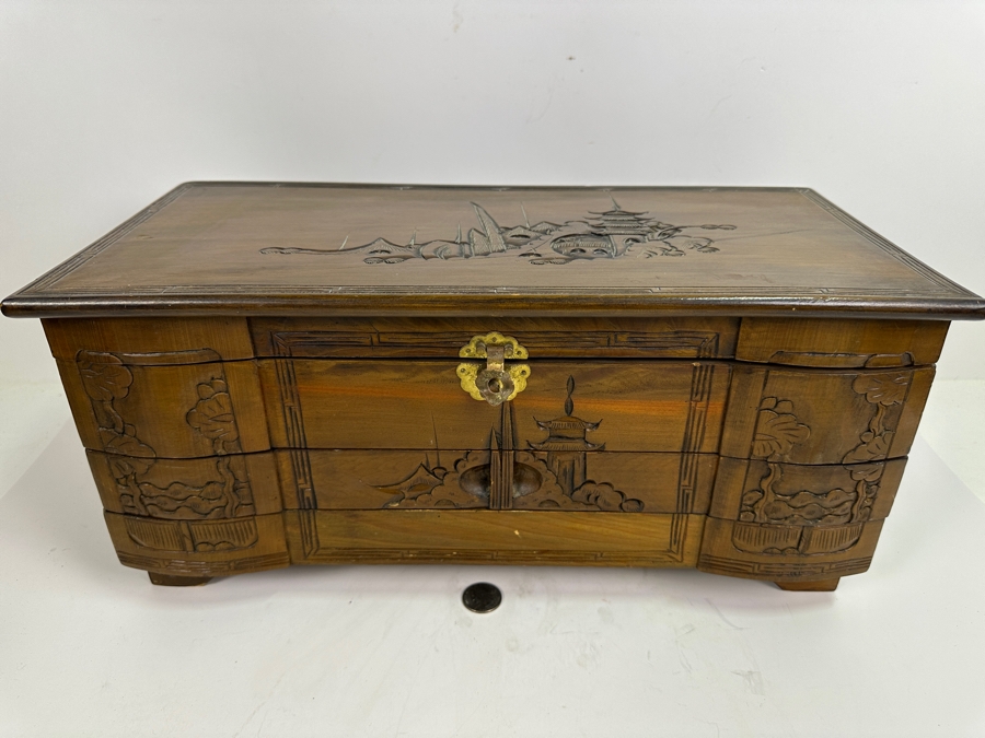 Vintage Chinese Wooden Jewelry Box With Some Jewelry (See Photos) 17.5W X 8.5D X 8H [Photo 2]