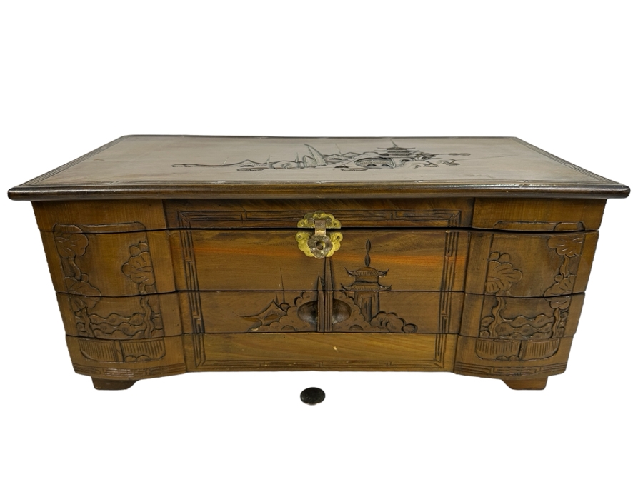 Vintage Chinese Wooden Jewelry Box With Some Jewelry (See Photos) 17.5W X 8.5D X 8H