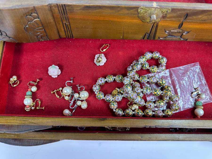 Vintage Chinese Wooden Jewelry Box With Some Jewelry (See Photos) 17.5W X 8.5D X 8H [Photo 7]