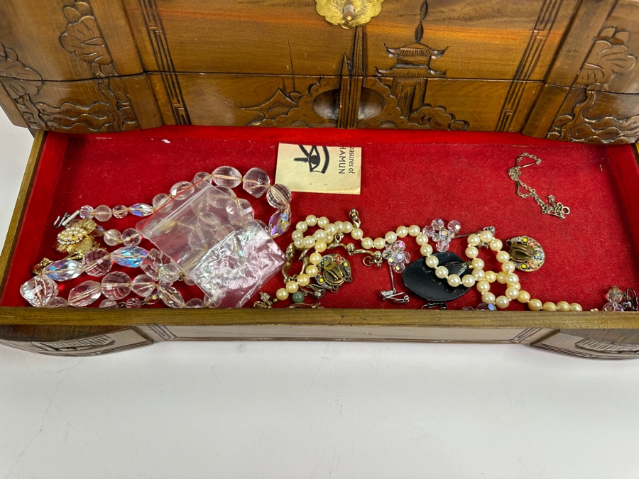 Vintage Chinese Wooden Jewelry Box With Some Jewelry (See Photos) 17.5W X 8.5D X 8H [Photo 8]