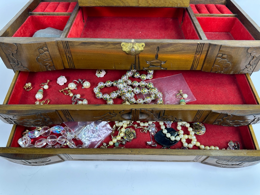 Vintage Chinese Wooden Jewelry Box With Some Jewelry (See Photos) 17.5W X 8.5D X 8H [Photo 6]