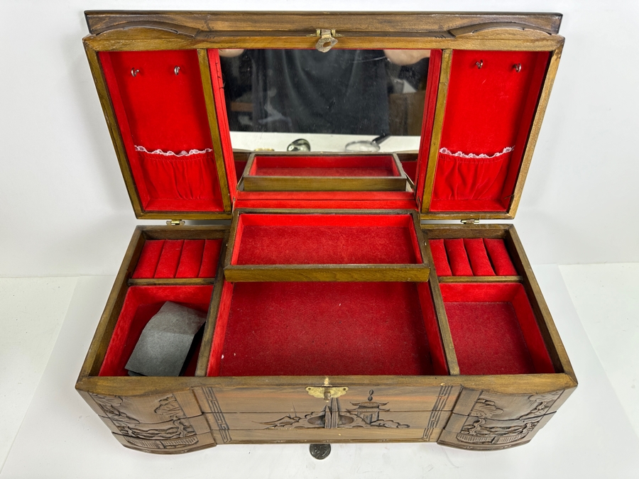 Vintage Chinese Wooden Jewelry Box With Some Jewelry (See Photos) 17.5W X 8.5D X 8H [Photo 5]