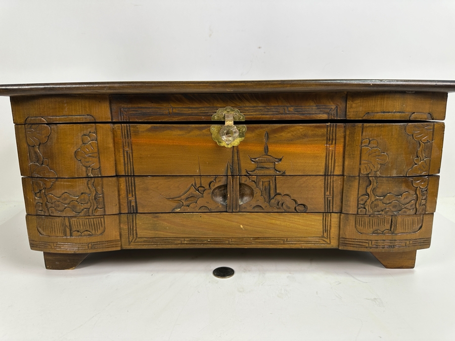 Vintage Chinese Wooden Jewelry Box With Some Jewelry (See Photos) 17.5W X 8.5D X 8H [Photo 3]