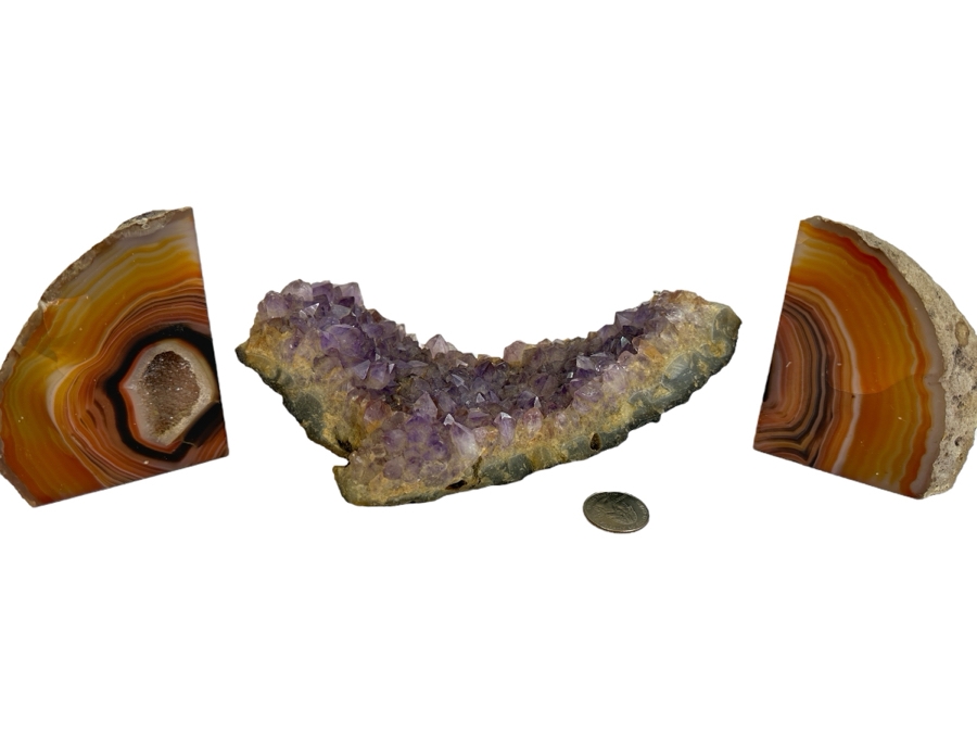 Pair Of Polished Geode Quarters Bookends & Part Of An Amethyst Geode 8L [Photo 1]