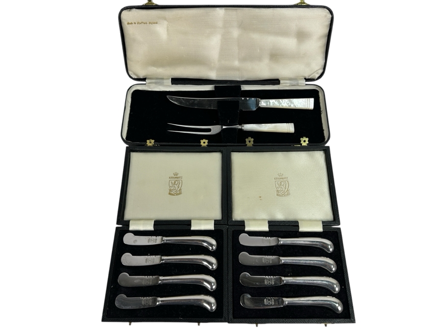(8) Kirk & Matz Sheffield England Stainless Knives & Maxwell-Phillip New York Carving Fork & Knife Set With Mother Of Pearl Handles [Photo 1]