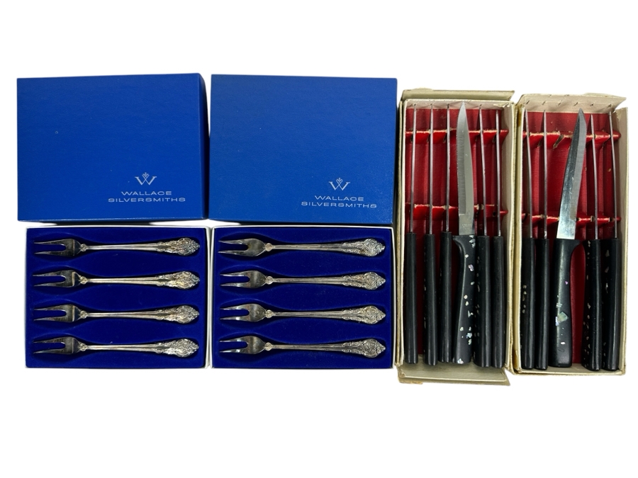 (11) Inlaid Abalone Steak Knives And (8) Wallace Silversmiths Silverplate Seafood Forks [Photo 1]